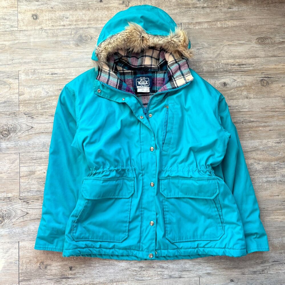 Woolrich Parka Large Coyote Fur Trim Vintage Teal Plaid Wool Lining Winter Warm